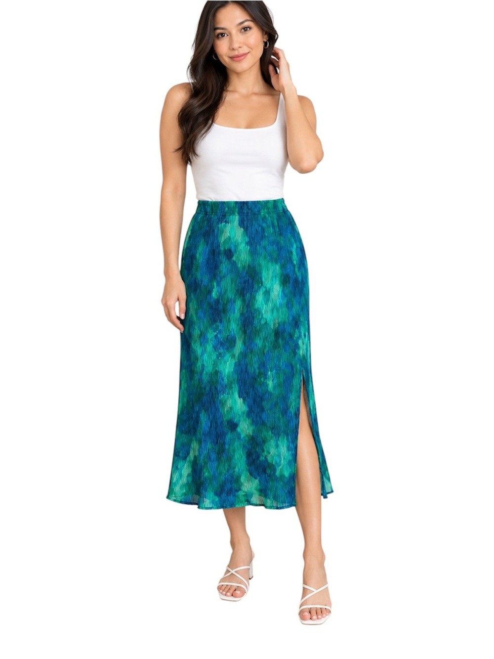 Women's Green Blue Printed Midi Skirt with Side Slit